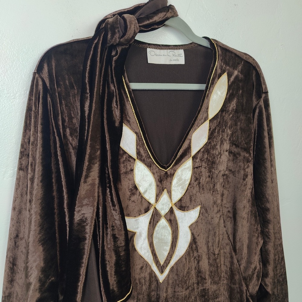 Vintage 70s Oscar de la Renta Womens Dress Large Brown Velvet Embroidered Caftan - Picture 3 of 7